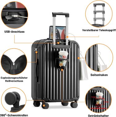 Набір валіз Tiyfiy 4 в 1 з жорстким корпусом, косметичка, USB-порт, TSA-замок, 360° колеса, чорний