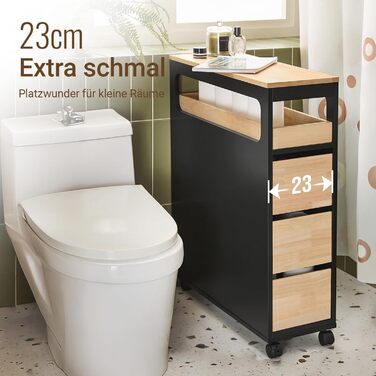 Шафка для ванної кімнати SoBuy з колесами, вузька шафка з 3 висувними ящиками, компактна тумбочка з дерева, навісна шафка для маленьких ванних кімнат, туалетів та кухонь, біла, 65x23x82 см, BZR54-W (чорний)