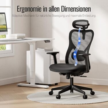 Yaasa Chair Plus: Ергономічне офісне крісло з підголівником, 2D-підтримкою попереку та 4D-підлокітниками. Переможець тесту! Чорний, до 150 кг.