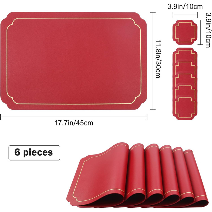 Набори підставки під тарілки Fanquare, 6 шт., зелені, прямокутні, з екошкіри, з золотим кантом. Стійкі до нагрівання, миючіся, антиковзаючі підставки для обіднього столу, весільної декоації. Розмір 45 * 30 см.