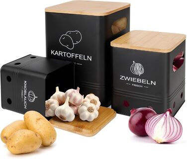 Набір контейнерів для зберігання картоплі, цибулі та часнику (3 шт) з бамбуковими кришками - Моз (Moz) - Чорний