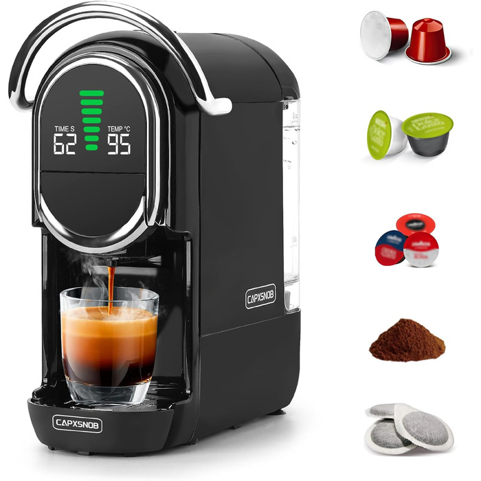 Кавомашина Magician1 Mini Kapselmaschine 5in1 для капсул Nespresso, Dolce Gusto, Lavazza A Modo Mio, ESE 44 та кавової гущі | 20 бар, 1450 Вт, LED-дисплей, 7 рівнів води | для дому та офісу (Чорний)