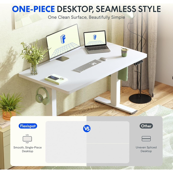 Регульований за висотою стіл FLEXISPOT 160x80 см з гачками, з суцільною стільницею 25 мм, ергономічний стіл з LED-дисплеєм висоти та функцією пам'яті (береза, білий). Структура береза+білий (160 x 80 см, білий+м'який білий)