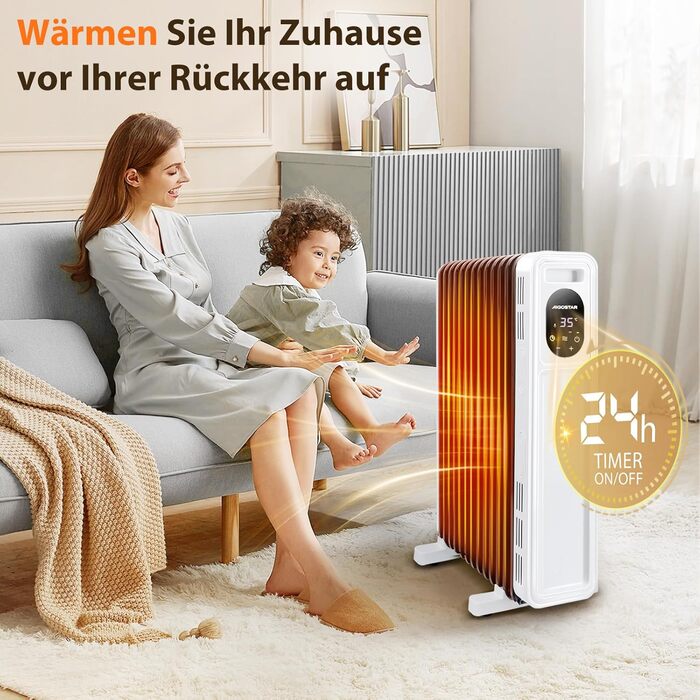 Електричний масляний радіатор Aigostar Cozy 2300W з пультом дистанційного керування, 11 ребер, термостат, 3 режими, таймер 24г, LED-дисплей, захист від перекидання та перегріву, мобільний обігрівач для кімнати