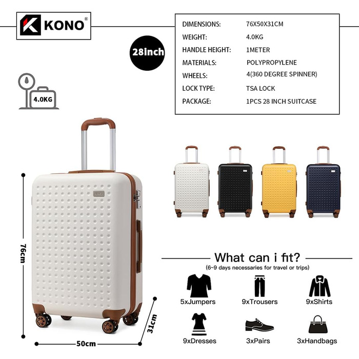 Чемодан-валіза KONO з жорсткою ABS-оболонкою, 76 см, 100 л, білий, з TSA замком та 4 спіннерами