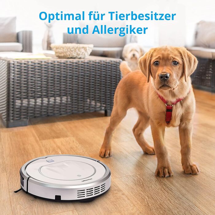 Робот-пилосос MEDION MD 19100 з базою та пультом дистанційного керування. Оптимізований для власників тварин та алергіків, ультратонкий, для твердих підлог та килимів, з функцією розпізнавання перешкод та сходинок