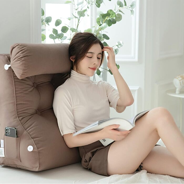 Подушка для читання COYEUX, велика подушка для ліжка з кишенею, спинка для телевізора, клиновидна подушка з підтримкою шиї, для сидіння в ліжку, на дивані або на підлозі (з підголовником) сіро-блакитна, ширина 55 см (з підголовником)