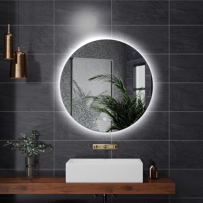 LED дзеркало для ванної кімнати з підсвічуванням Round - регульоване по яскравості з 3 кольорами світла (3500K-6500K), сенсорний вимикач, запобігає запотіванню - дзеркало для ванної кімнати з підсвічуванням для макіяжу та гоління (60см фонове освітлення)