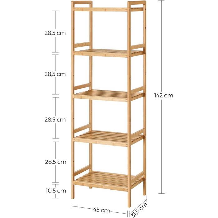SONGMICS Regal Bambus, 5 поличок, 31.5 x 45 x 142 см, для ванної, кухні, вітальні, спальні, балкону, натуральний колір + білий