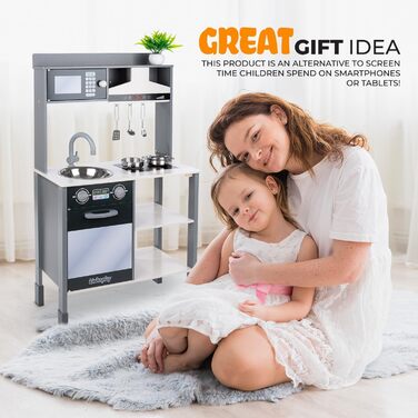 Дерев'яна дитяча кухня Kinderplay з LED та звуками приготування їжі, регульована висота 92–107 см, іграшкова кухня для ролевих ігор від 3 років, повний комплект з аксесуарами, світло-сірий (Modern - Grau)