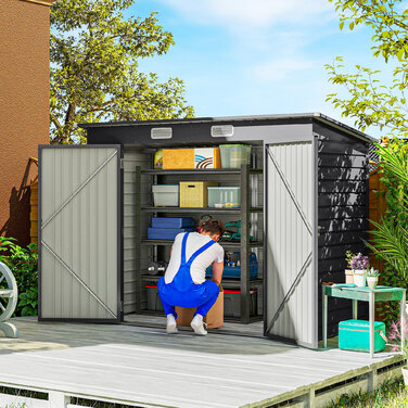 Сарай для інструментів Outsunny, металевий сарай, з двома дверцятами, 249B x 121T x 166/183H см, сірий