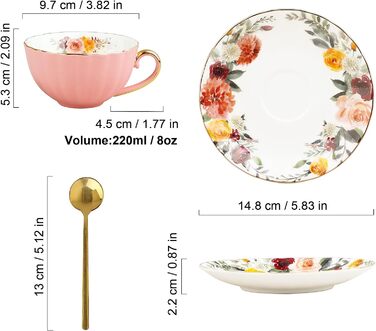 Набір чашок і блюдців fanquare об'ємом 200 мл для 1 людини, керамічна чашка з золотим обідком, порцелянова кавова чашка з ложечкою, темно-зеленого кольору (з рожевими квітами)