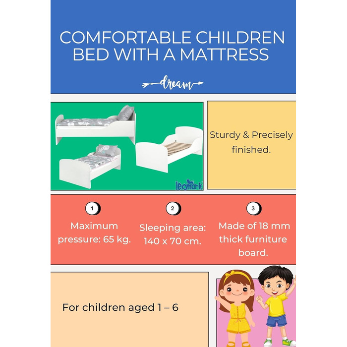 Дерев'яне ліжко Leomark Lovely Unicorn для дітей з матрацом, бортиками та ламелями, 70/140 см, з УФ-друком