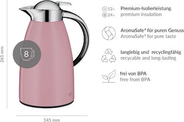 Термос Alfi SIGNO 1.0л, сатиновий сріблястий, з нержавіючої сталі з гігієнічним скляним вкладишем, кришкою з поворотним механізмом та зручною кнопкою, ергономічна ручка, для використання однією рукою, ідеальний для кави та чаю (Romantic Rose Mat)