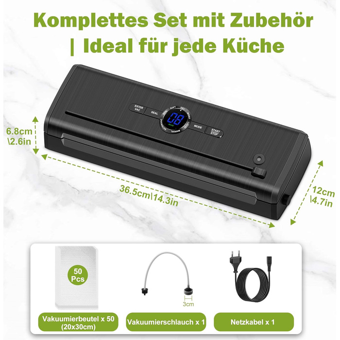 Вакууматор для продуктів 7 в 1, професійний вакуумний пакувальник з подвійним швом, цифровим таймером та різаком, комплект з 50 пакетами (Чорний)