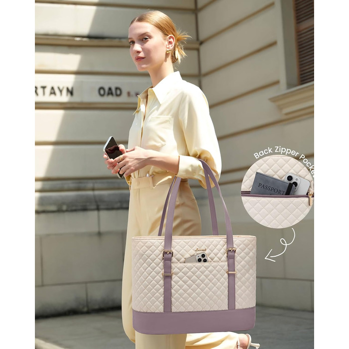 Сумка для ноутбука LOVEVOOK 15.6 дюймів для жінок з відділенням для ланчу, сумка-шоппер, ділова сумка, портфель, сумка для навчання, містка, водонепроникна, для офісу, університету, чорна (15.6 дюймів, Бежевий, Рожевий)