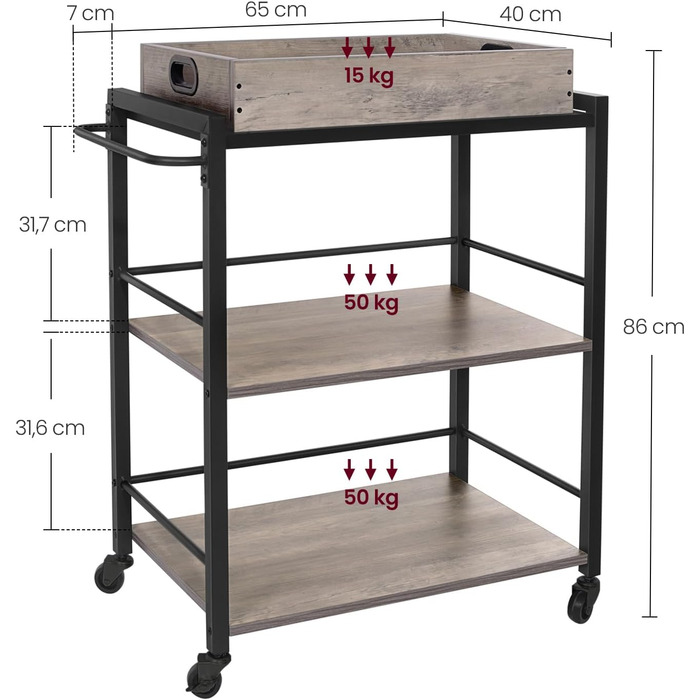 Візок для сервірування VASAGLE, знімний лоток, регульовані ніжки, коліщатка, сталева рама, 40 x 72 x 86 см, вінтажний коричнево-чорний