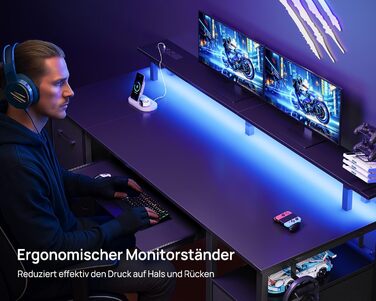 Комп'ютерний стіл Rolanstar з ящиками, 120x47 см, ігровий стіл з розеткою, LED-підсвітка та підставка для монітора, стіл для дому, офісу, вітальні, білий (чорний)