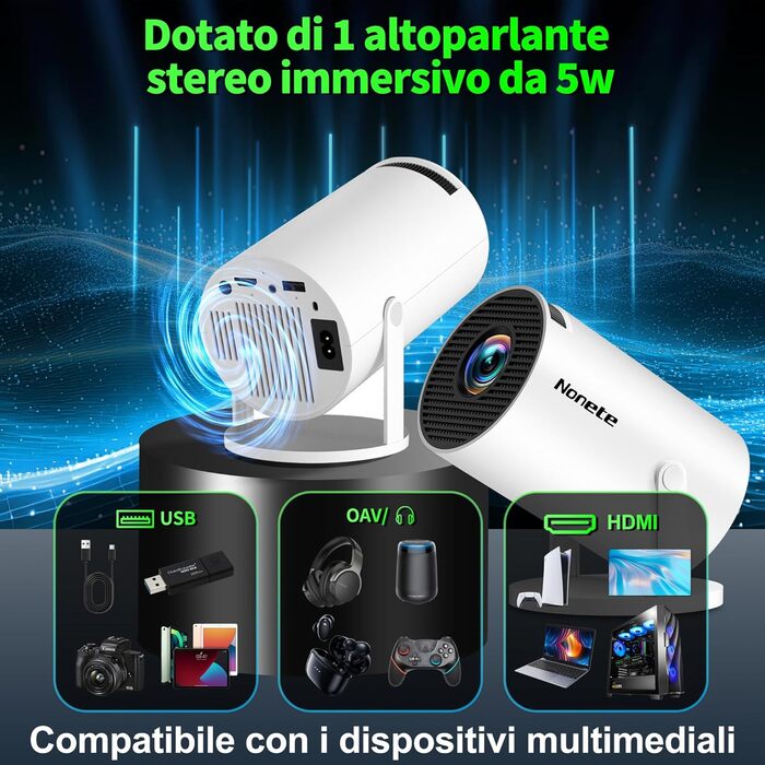 Beamer 4K: Міні проєктор Full HD 1080P з Wi-Fi 6, Bluetooth 5.2 та Android. Підтримка PC/HDMI/USB, авто-корекція Keystone, поворот 270°, з пультом та мишкою, білий.