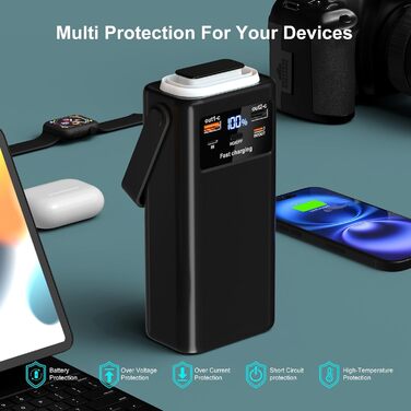 Портативний зарядний акумулятор 60000mAh 45W з LED-дисплеєм та ліхтариком, 7 виходів, чорний. Powerbank для кемпінгу та подорожей