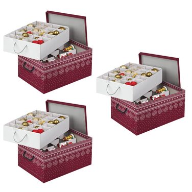 Набір декоративних коробок Kreher з картону (3 шт.) з ручками, для прикрас, 40 кульок, червоний колір, зі сніжинками, стійкий, збирається самостійно