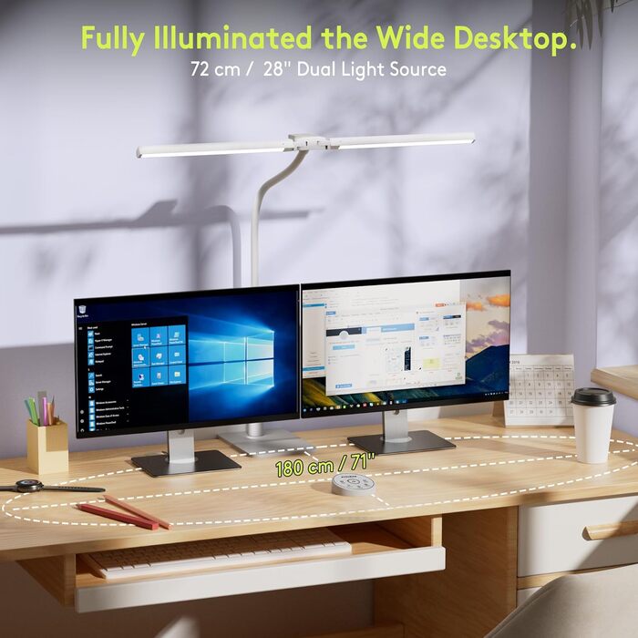 Стіл лампа з двома головками для дітей, захист очей, 16W, 72см, денне світло, диммування, пульт ДУ, лебединий шийка, матовий білий