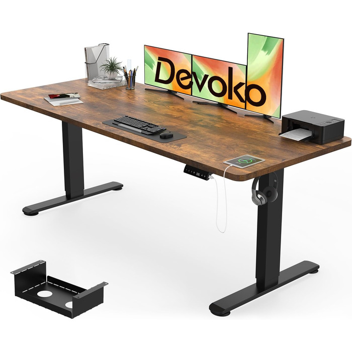 Електричний стоячий стіл Devoko 180x80 см з USB-портом, 3 положення, таймер, блокування, рустикальний/вінтажний колір