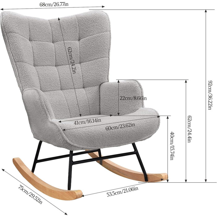 Крісло-гойдалка Liuyoyo з високою спинкою, м'яке крісло з оббивкою, для спальні, офісу, читання, сучасний дизайн (Рожевий, Світло-сірий)