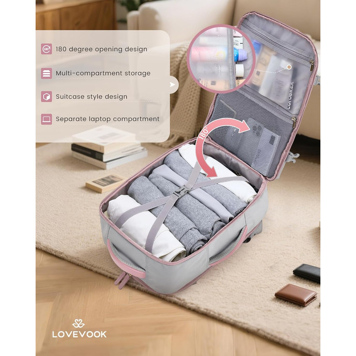 Рюкзак для ручної поклажі LOVEVOOK 40L, сірий/рожевий, для ноутбука 17.3