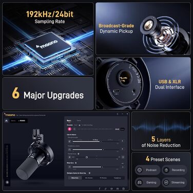 MAONO PD300X подкаст-мікрофон XLR/USB з шумозаглушенням, 192kHz/24Bit Hi-Fi аудіо, кнопка вимкнення звуку, програмне забезпечення для подкастингу, стрімінгу та студійного запису