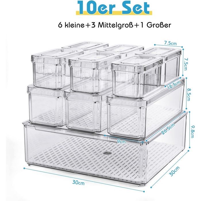 Набір контейнерів для холодильника 14шт. з кришкою та підставкою для посуду, прозорі, стекувальні. Організація та зберігання в холодильнику