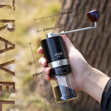 Ручна кавомолка VEVOK CHEF з нержавіючої сталі з керамічним жорном, регульована ступінь помолу, вінтажний дизайн, портативна, для дому та кемпінгу (чорний)