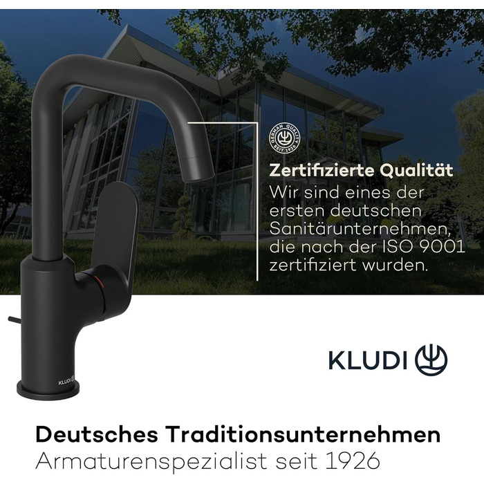 Змішувач для ванної кімнати KLUDI-X1 з висувним зливом, поворотний 360°, висота виливу 205 мм, водозберігаючий, розмір L, з підключенням, чорний матовий
