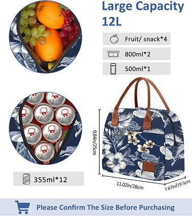 Сумка-холодильник Moyad, маленька легка сумка для ланчу, ізольована сумка для роботи, Школи, складна водонепроникна блискавка, 12L (квіти, темно-синій)