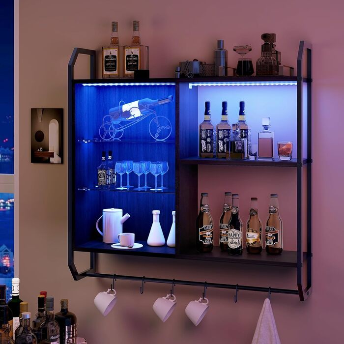 Підвісні полиці YU YUSING з RGB підсвічуванням (7 кольорів), з 8 гачками, для ігор, демонстрації, декору спальні, кухні, бару, ігрової кімнати, шестикутна форма (82.5x80x21.5 см)