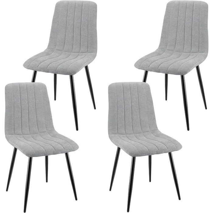 Набір з 4-х оббитих стільців для їдальні з тканини льон та чорними металевими ніжками, смугастий дизайн, для їдальні, вітальні, спальні, кухні, рецепції, сірий
