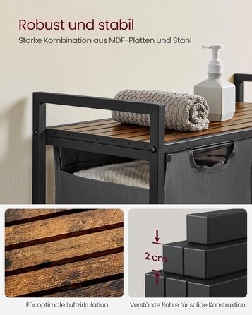 Кошик для білизни VASAGLE з 2 відділеннями, 92 л, чорно-вінтажний, з металевим каркасом