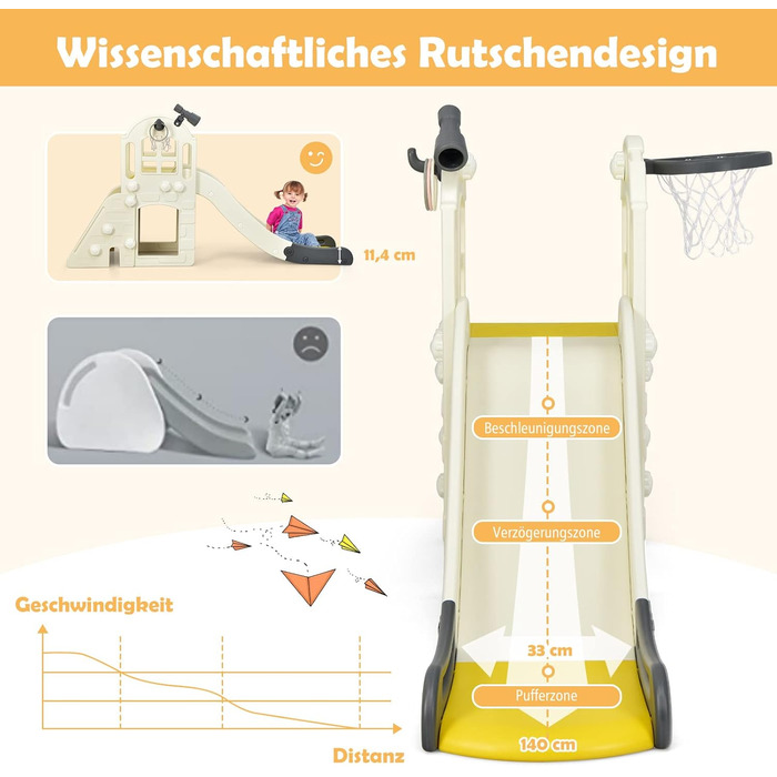 Дитячий ігровий комплекс COSTWAY 6-в-1: гірка, драбинка, баскетбольне кільце, кільця для кидання, тунель, телескоп. Для дітей від 3 років, жовтий.