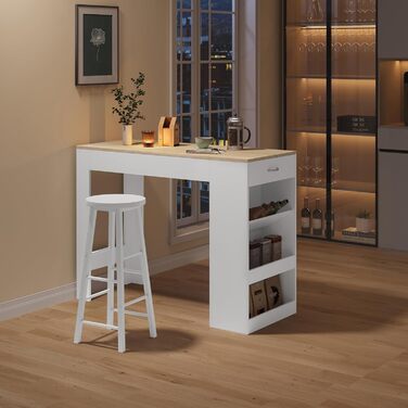 Стіл-бар WOLTU з шухлядою та полицями, вітрина для вина, кухонний стіл для бару, кухні, вітальні, їдальні (90 x 50 x 120 см, білий + світлий дуб)