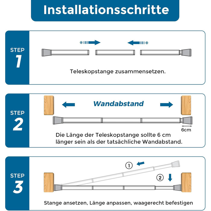 Штанга для штор без свердління AIZESI, 113-197 см, телескопічна, чорна (діаметр 22 мм)
