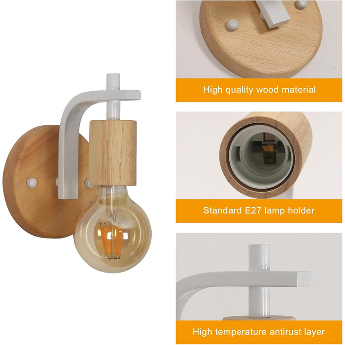Набір з 2 U-подібних вінтажних настінних світильників, настінний прожектор E27, ідеально підходить для інтер'єрів (дерево-біле)