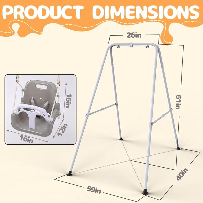 Дитяча гойдалка-шезлонґ 3-в-1 для дому та вулиці з металевим каркасом, сіра. Підходить для дітей від 6 місяців до 10 років