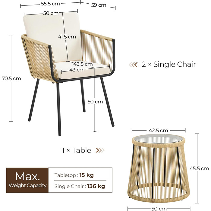 Набір садових меблів Yaheetech з ротангу для балкона: 2 крісла з подушками та стіл зі скляною стільницею, світло-коричневий/кремовий