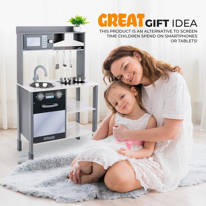 Дерев'яна дитяча кухня Kinderplay з LED та звуками приготування їжі, регульована висота 92–107 см, іграшкова кухня для ролевих ігор від 3 років, повний комплект з аксесуарами, світло-сірий (Modern - Grau)