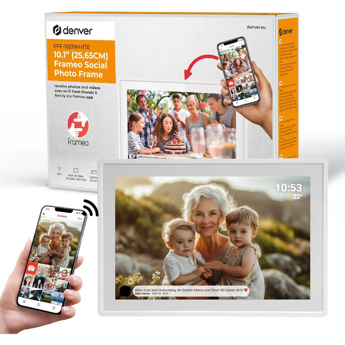 Цифровий фоторамка Denver 10,1 дюйма з Wi-Fi, сенсорним екраном, 16GB, керуванням через додаток, USB та microSD
