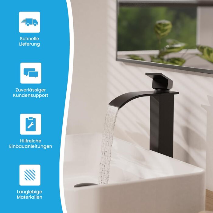 Змішувач для ванної кімнати Bächlein Tamina Waterfall в чорному матовому кольорі, однорідний важіль, керамічна картридж, комплект для монтажу