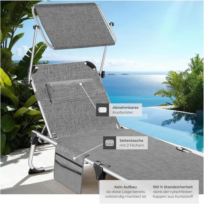 Шезлонг Tectake® з дахом, балконний шезлонг з алюмінію, складаний садовий шезлонг, стійкий до погодних умов, лежак для саду, кемпінгу та пляжу, регульована спинка, подушка для голови, бічна кишеня - сірий меланж