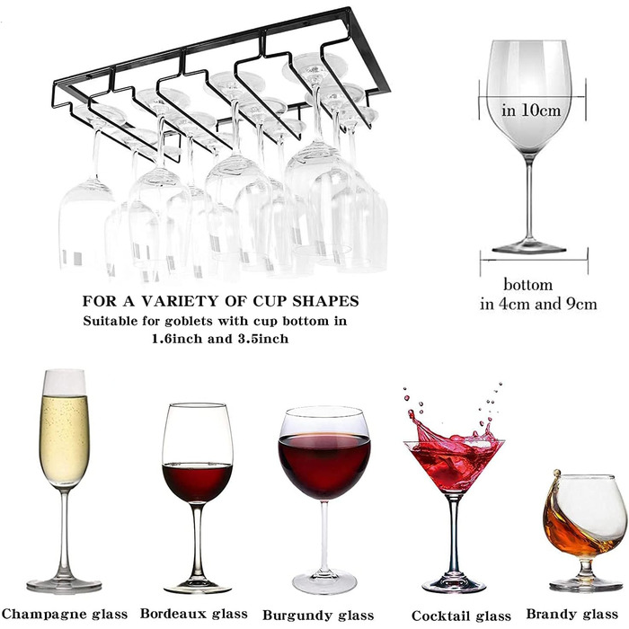 Підставка для келихів FIAMER - металева підставка для винних келихів, настінна полиця для кухні, бару та ресторану (Чорний, 4 ряди, 1 шт.)
