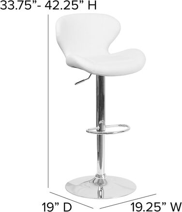 Барний стілець Flash Furniture Denville з тканини, регульований по висоті, з вигнутою спинкою та хромованою основою, 2 шт. (Біле вінілове сидіння)
