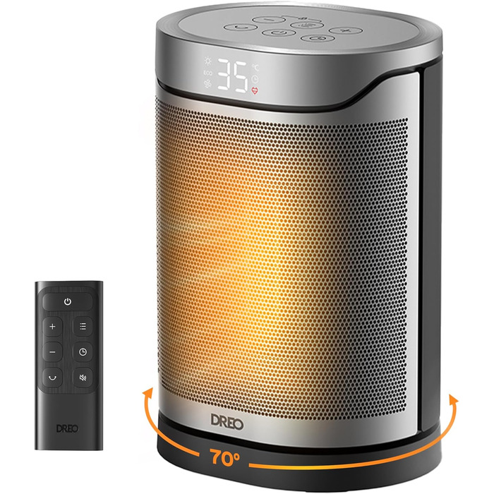 Електричний обігрівач DREO Keramikheizung 318,1500W з термостатом, захистом від перегріву та нахилу, таймером, дитячим замком, економією енергії 40%, тихий, срібний, для спальні, класичний дизайн